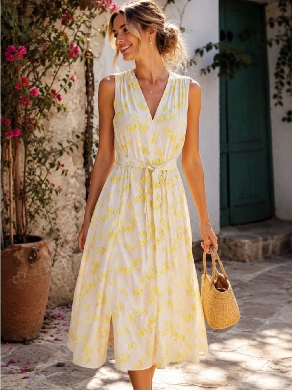 kate spade White and Yellow Floral Midi Dress